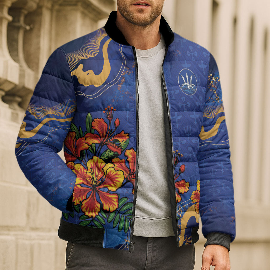 Custom Women’s Cricket Barbados Floral Series Bomber Puffer Jacket Royal Blue Pride of Barbados