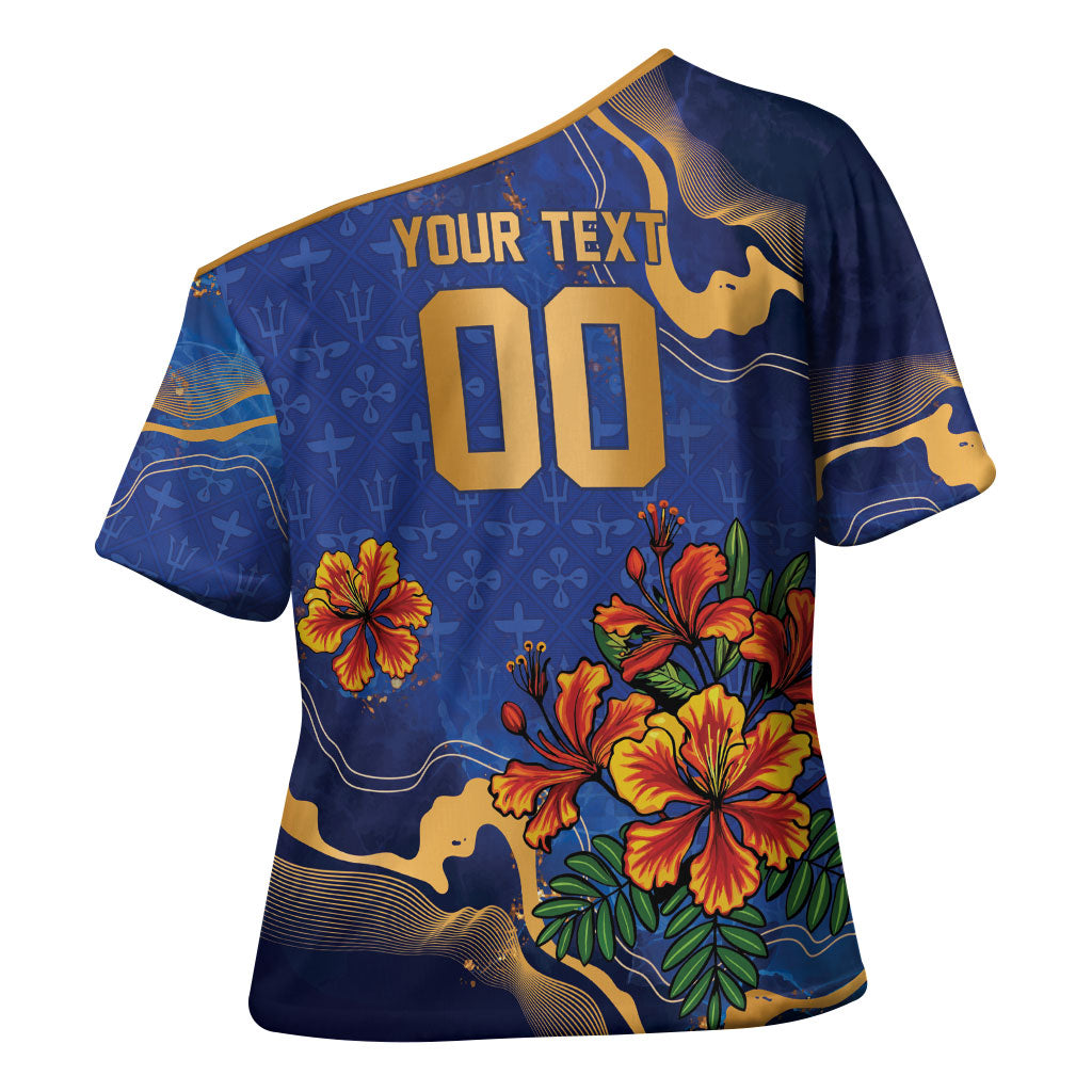 Custom Women’s Cricket Barbados Floral Series Cross Shoulder Shirt Royal Blue Pride of Barbados