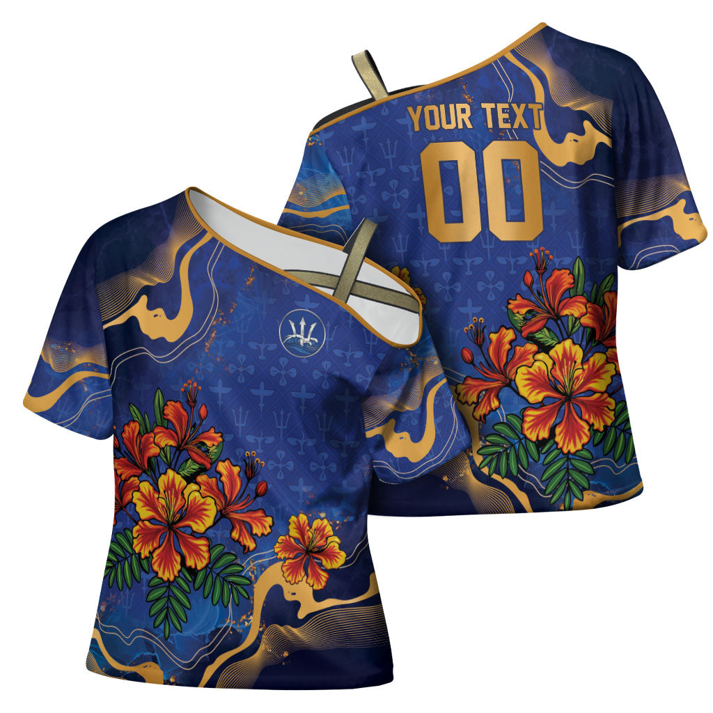 Custom Women’s Cricket Barbados Floral Series Cross Shoulder Shirt Royal Blue Pride of Barbados