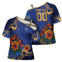 Custom Women’s Cricket Barbados Floral Series Cross Shoulder Shirt Royal Blue Pride of Barbados
