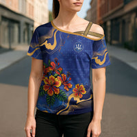 Custom Women’s Cricket Barbados Floral Series Cross Shoulder Shirt Royal Blue Pride of Barbados