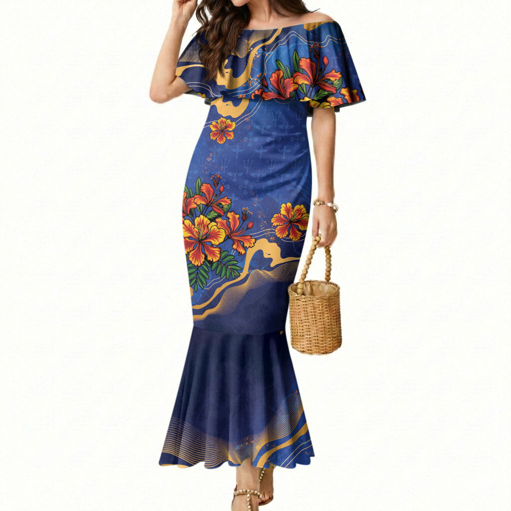 Custom Women’s Cricket Barbados Floral Series Mermaid Dress Royal Blue Pride of Barbados