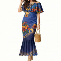 Custom Women’s Cricket Barbados Floral Series Mermaid Dress Royal Blue Pride of Barbados