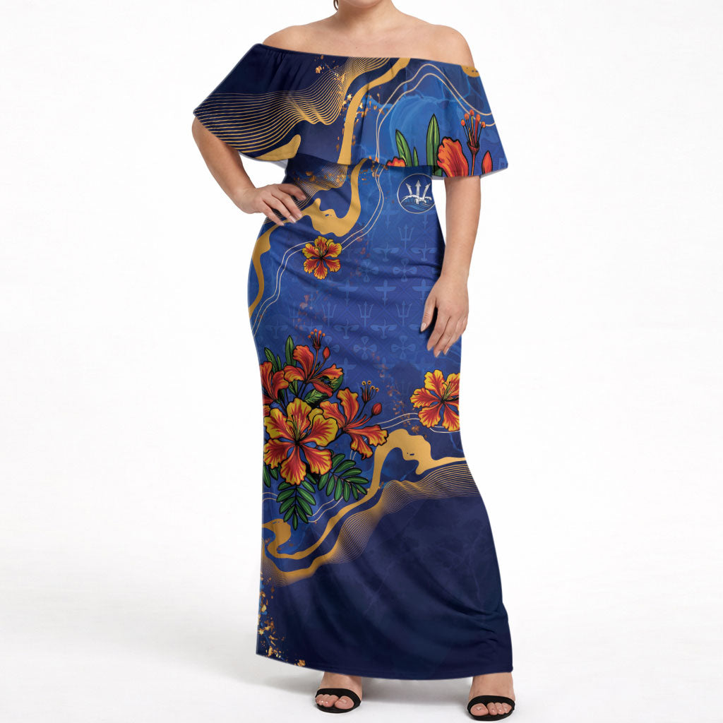 Custom Women’s Cricket Barbados Floral Series Off Shoulder Maxi Dress Royal Blue Pride of Barbados