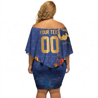 Custom Women’s Cricket Barbados Floral Series Off Shoulder Short Dress Royal Blue Pride of Barbados