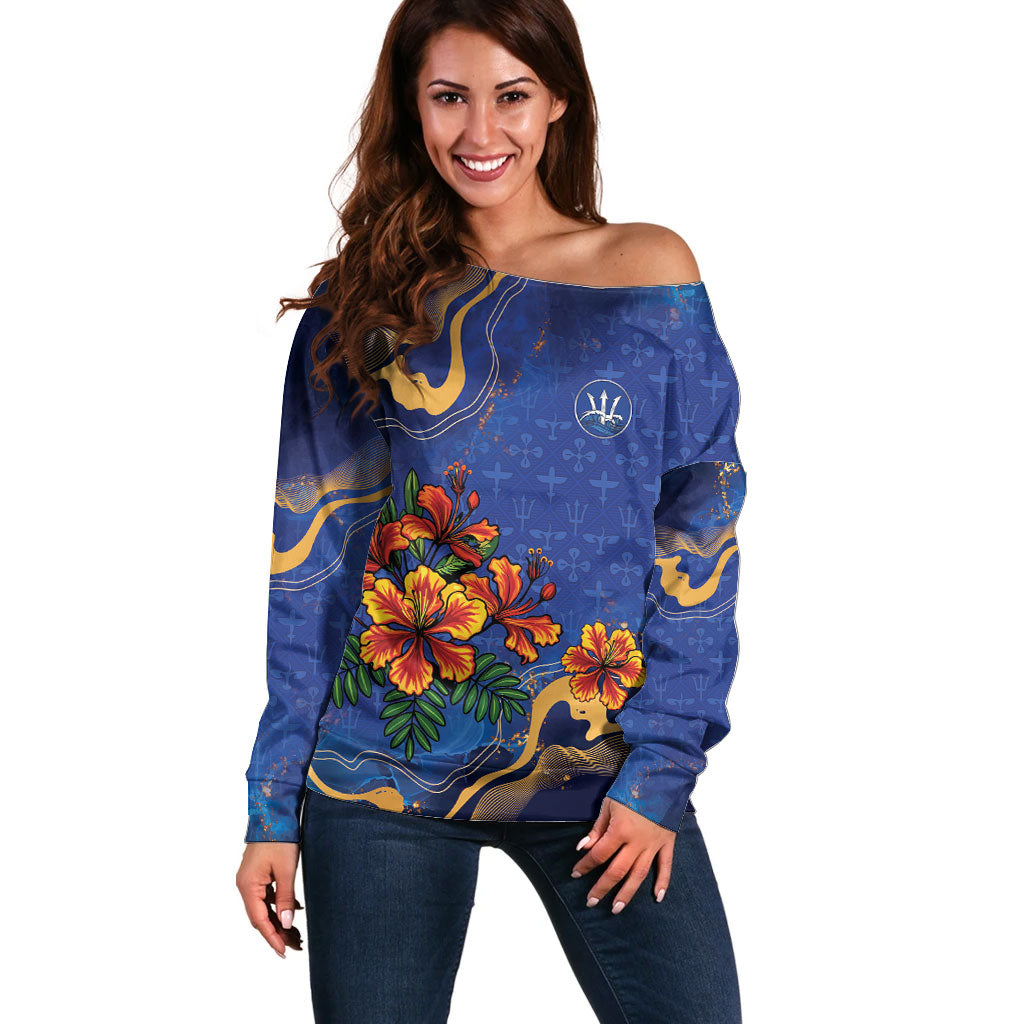 Custom Women’s Cricket Barbados Floral Series Off Shoulder Sweater Royal Blue Pride of Barbados