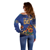 Custom Women’s Cricket Barbados Floral Series Off Shoulder Sweater Royal Blue Pride of Barbados