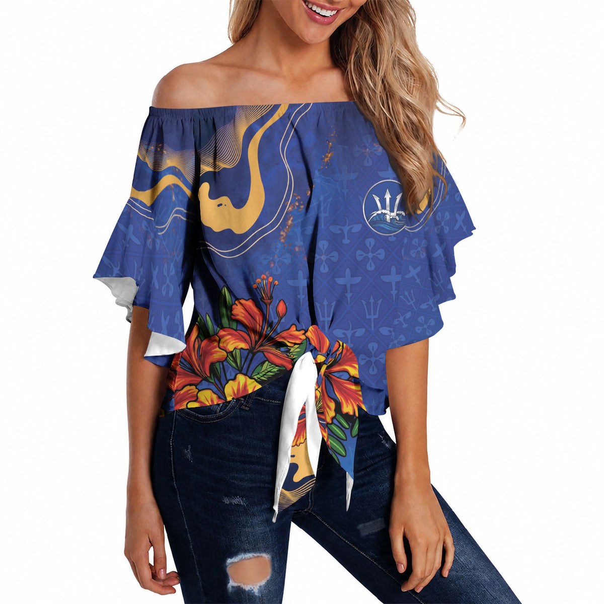 Custom Women’s Cricket Barbados Floral Series Off Shoulder Wrap Waist Top Royal Blue Pride of Barbados