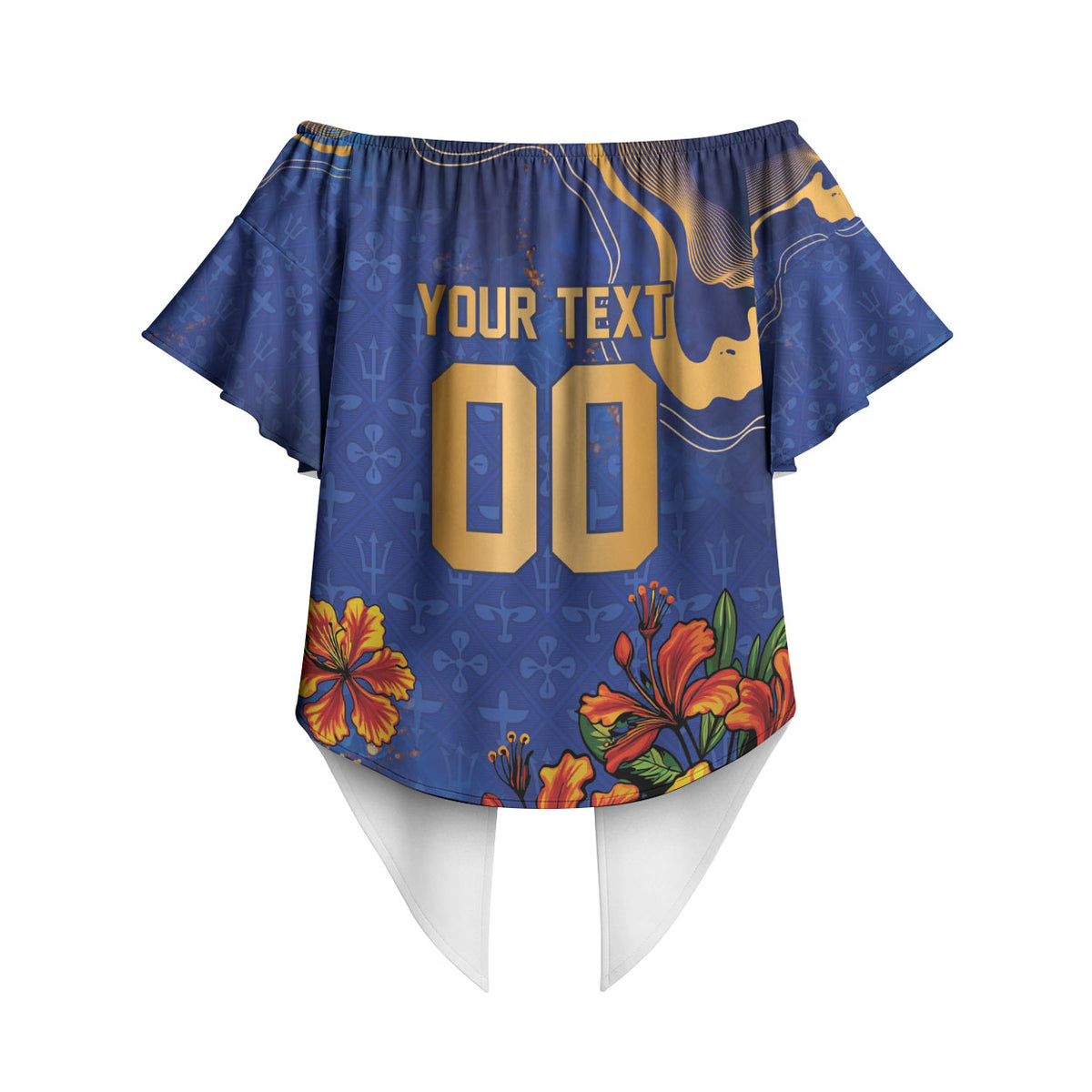Custom Women’s Cricket Barbados Floral Series Off Shoulder Wrap Waist Top Royal Blue Pride of Barbados