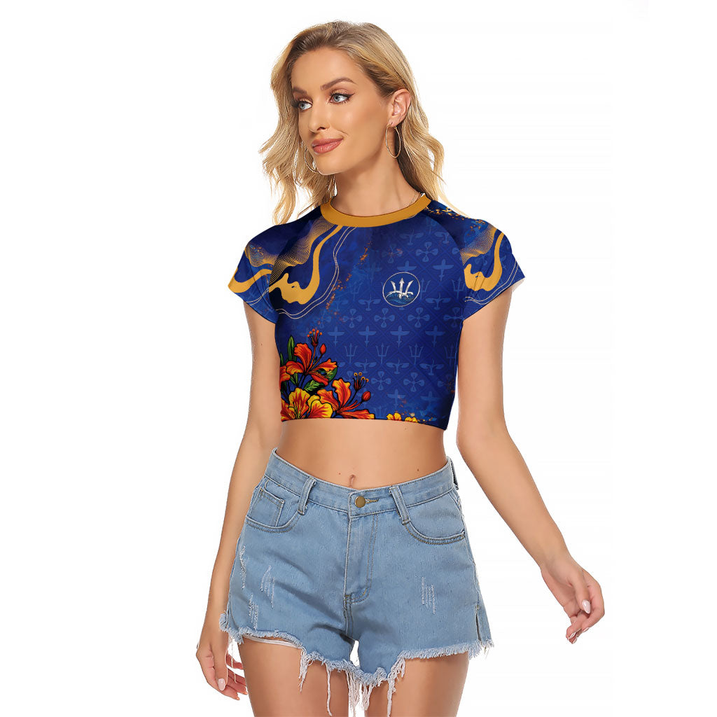 Custom Women’s Cricket Barbados Floral Series Raglan Cropped T Shirt Royal Blue Pride of Barbados