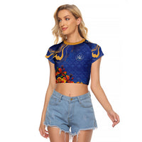 Custom Women’s Cricket Barbados Floral Series Raglan Cropped T Shirt Royal Blue Pride of Barbados