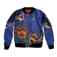 Custom Women’s Cricket Barbados Floral Series Sleeve Zip Bomber Jacket Royal Blue Pride of Barbados