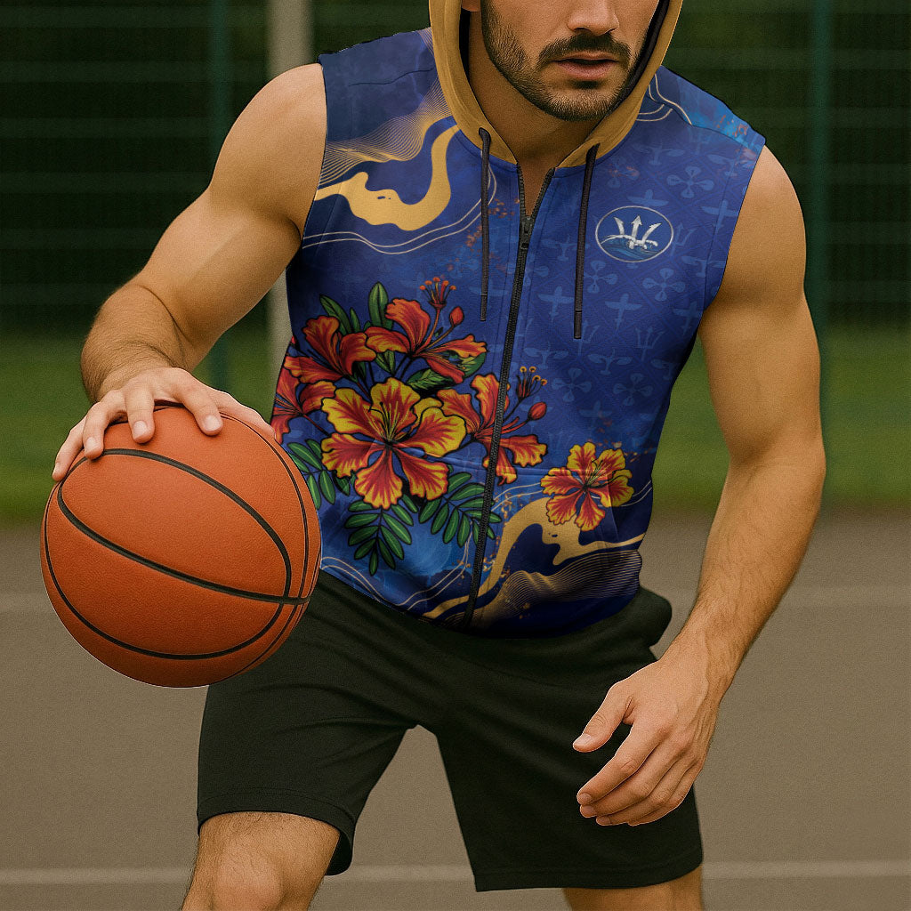 Custom Women’s Cricket Barbados Floral Series Sleeveless Zip Hoodie Royal Blue Pride of Barbados