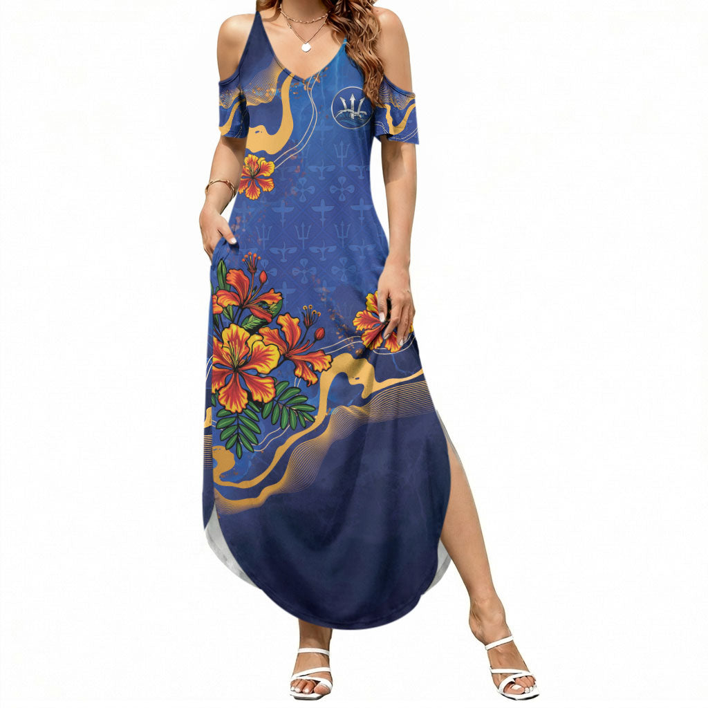 Custom Women’s Cricket Barbados Floral Series Summer Maxi Dress Royal Blue Pride of Barbados