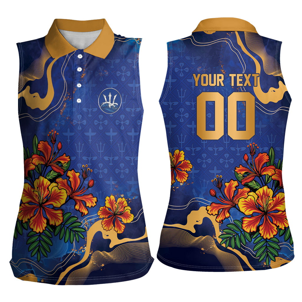 Custom Women’s Cricket Barbados Floral Series Women Sleeveless Polo Shirt Royal Blue Pride of Barbados