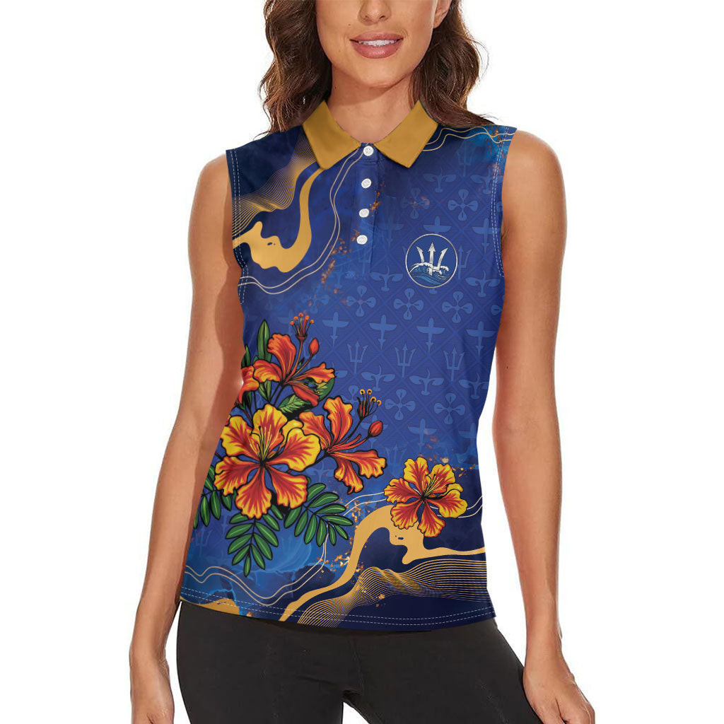 Custom Women’s Cricket Barbados Floral Series Women Sleeveless Polo Shirt Royal Blue Pride of Barbados