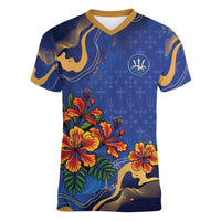 Custom Women’s Cricket Barbados Floral Series Women V-Neck T-Shirt Royal Blue Pride of Barbados