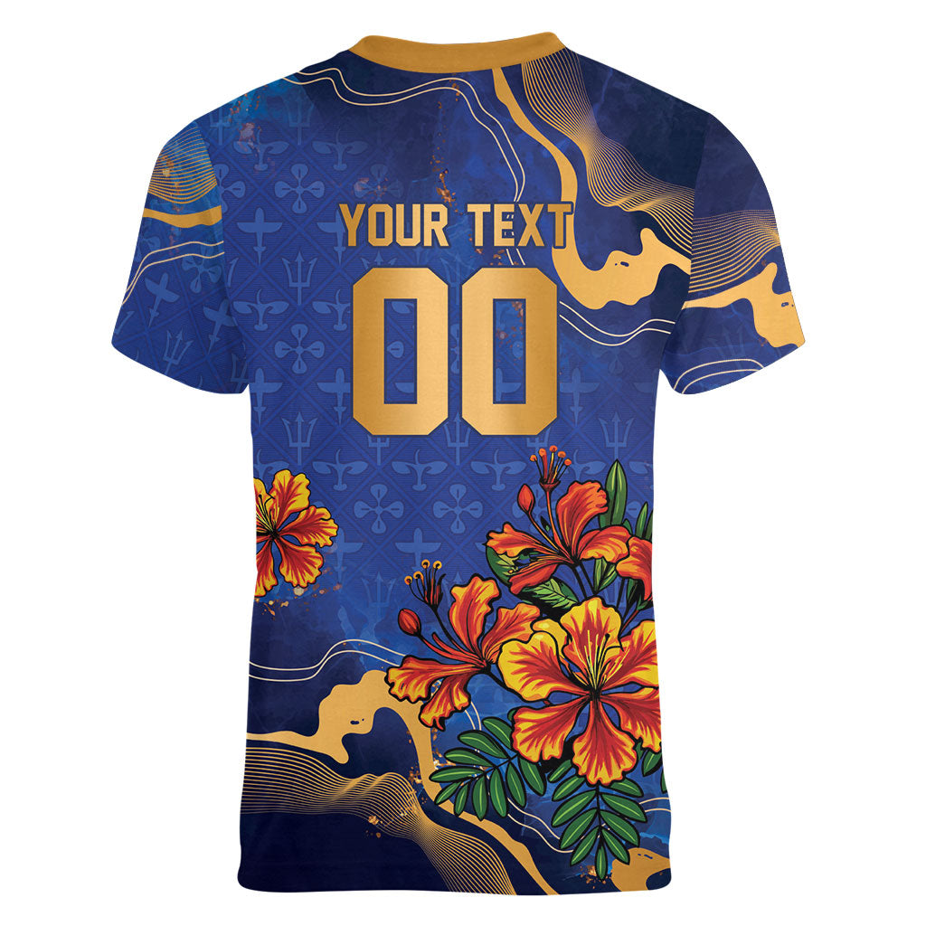 Custom Women’s Cricket Barbados Floral Series Women V-Neck T-Shirt Royal Blue Pride of Barbados
