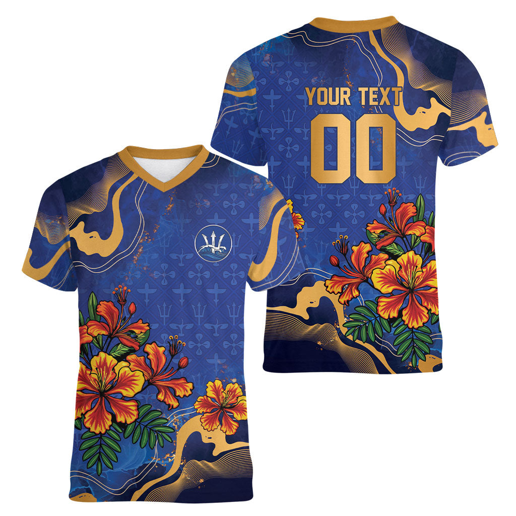Custom Women’s Cricket Barbados Floral Series Women V-Neck T-Shirt Royal Blue Pride of Barbados