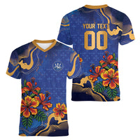 Custom Women’s Cricket Barbados Floral Series Women V-Neck T-Shirt Royal Blue Pride of Barbados