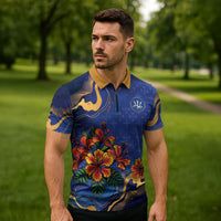 Custom Women’s Cricket Barbados Floral Series Zipper Polo Shirt Royal Blue Pride of Barbados