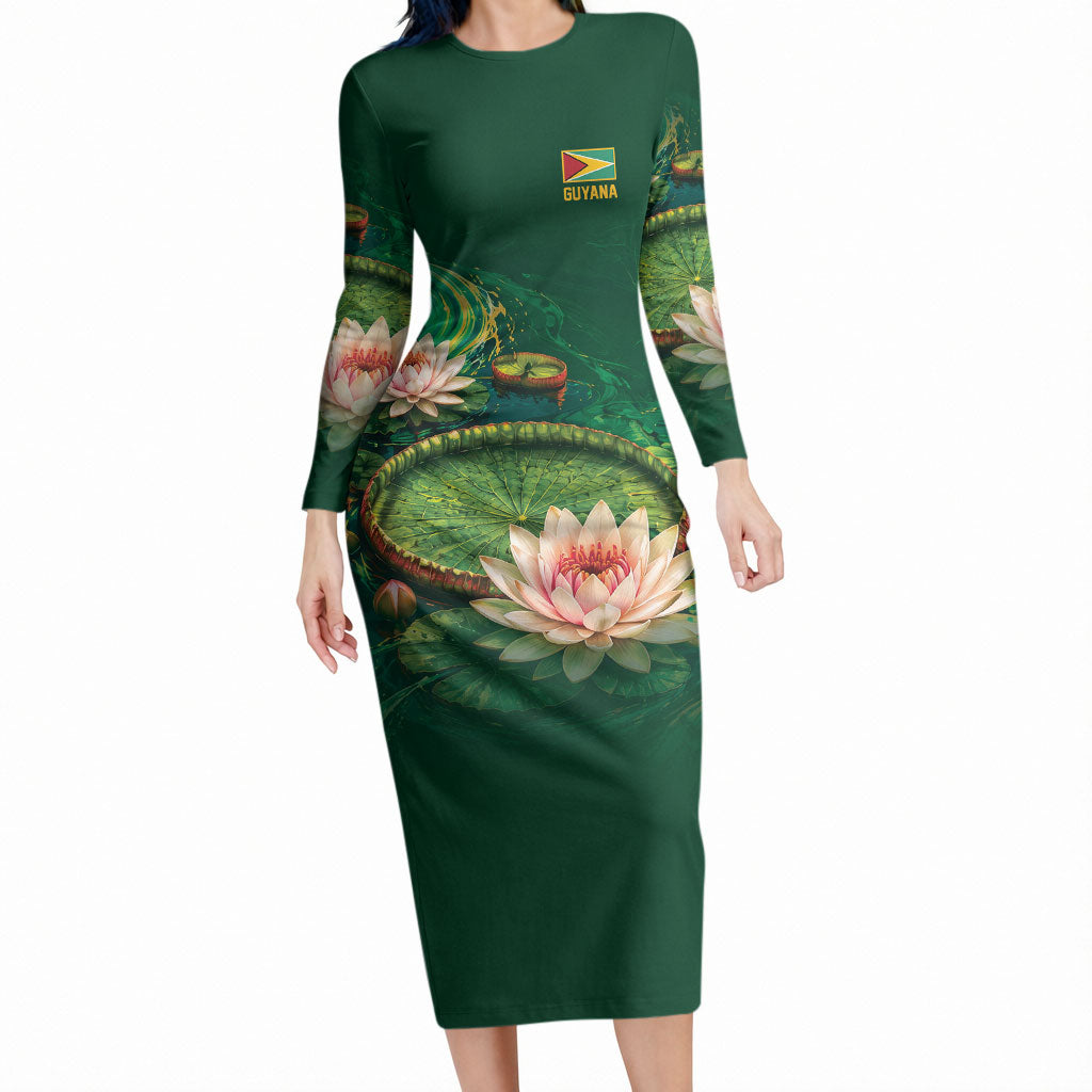 Custom Women’s Cricket Guyana Floral Series Long Sleeve Bodycon Dress Victoria Amazonica Giant Water Lily
