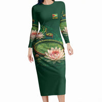 Custom Women’s Cricket Guyana Floral Series Long Sleeve Bodycon Dress Victoria Amazonica Giant Water Lily
