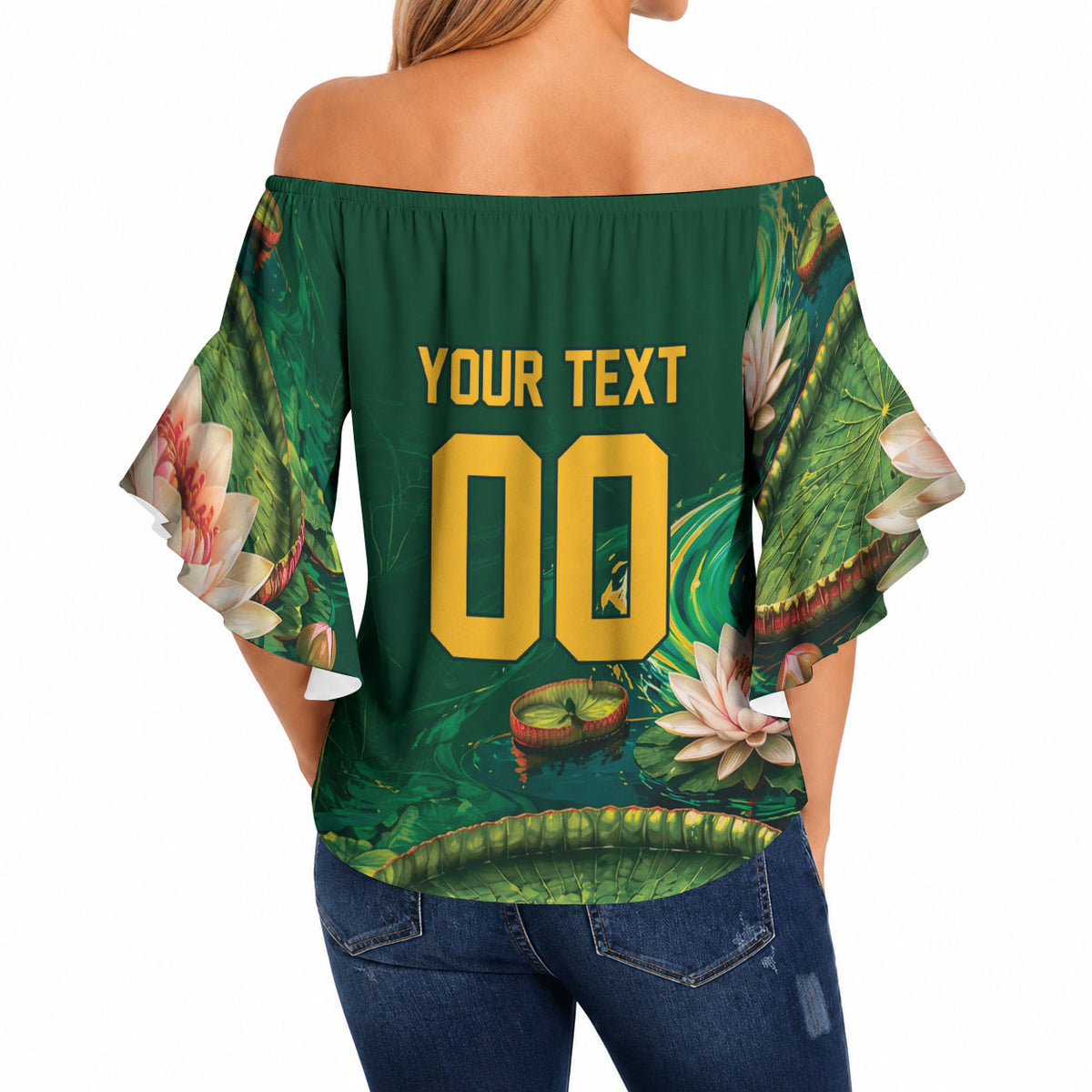 Custom Women’s Cricket Guyana Floral Series Off Shoulder Wrap Waist Top Victoria Amazonica Giant Water Lily