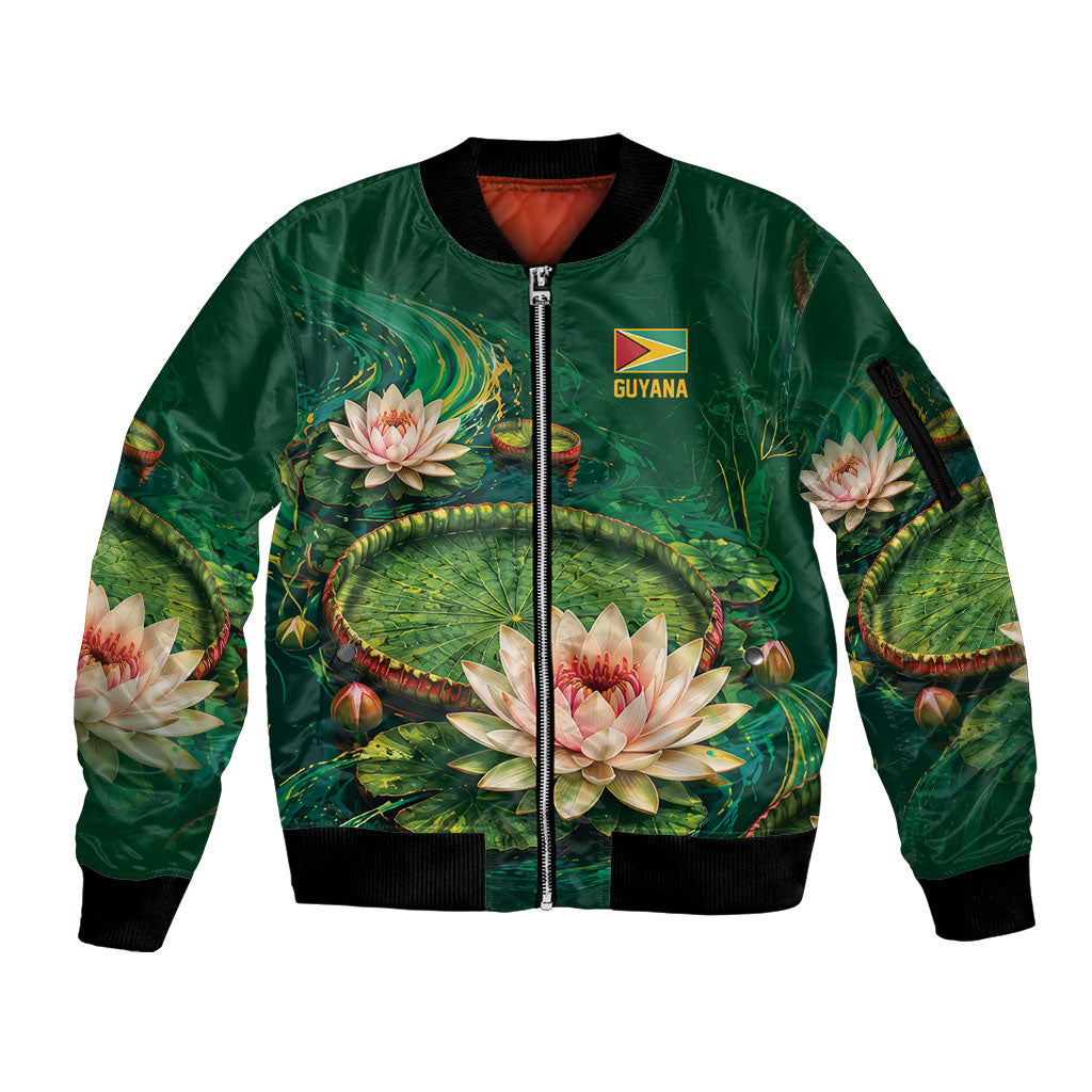 Custom Women’s Cricket Guyana Floral Series Sleeve Zip Bomber Jacket Victoria Amazonica Giant Water Lily