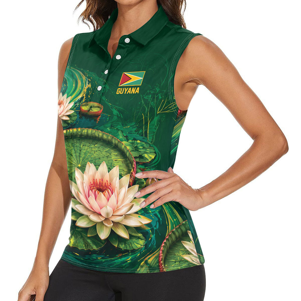 Custom Women’s Cricket Guyana Floral Series Women Sleeveless Polo Shirt Victoria Amazonica Giant Water Lily