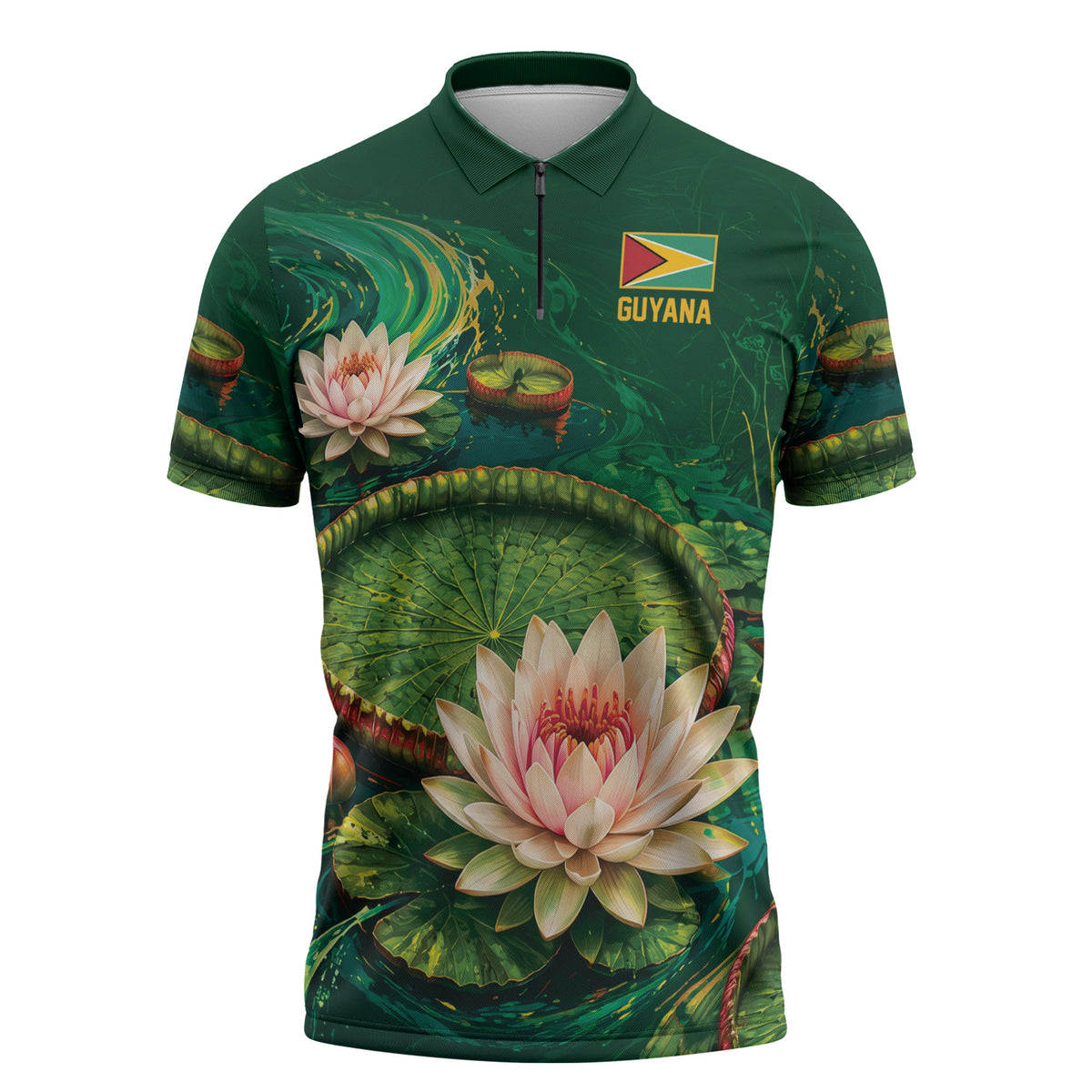 Custom Women’s Cricket Guyana Floral Series Zipper Polo Shirt Victoria Amazonica Giant Water Lily