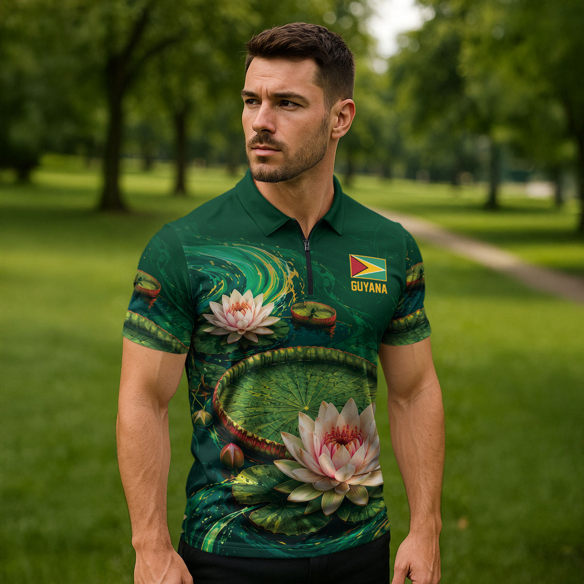 Custom Women’s Cricket Guyana Floral Series Zipper Polo Shirt Victoria Amazonica Giant Water Lily