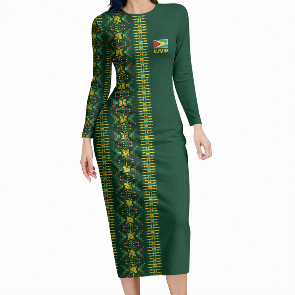 Custom Women’s Cricket Guyana Floral Series Long Sleeve Bodycon Dress Rainforest Floral Geometry Motif