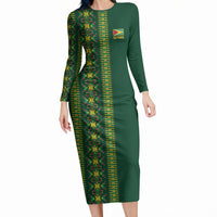 Custom Women’s Cricket Guyana Floral Series Long Sleeve Bodycon Dress Rainforest Floral Geometry Motif