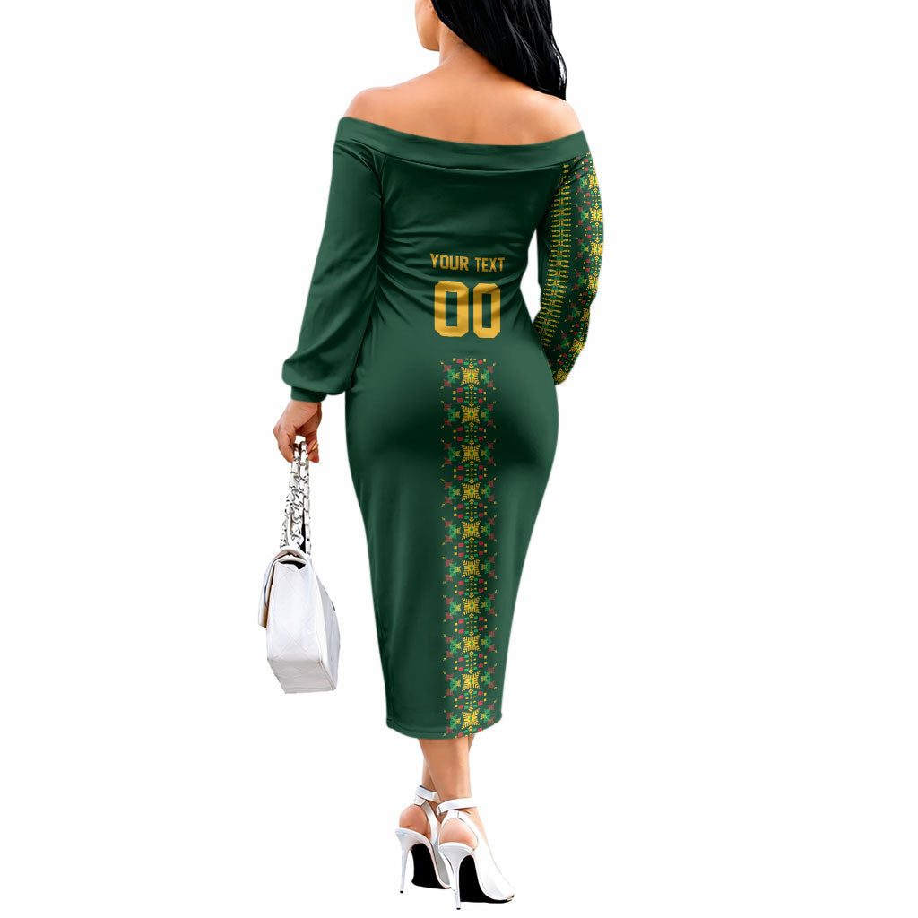 Custom Women’s Cricket Guyana Floral Series Off The Shoulder Long Sleeve Dress Rainforest Floral Geometry Motif