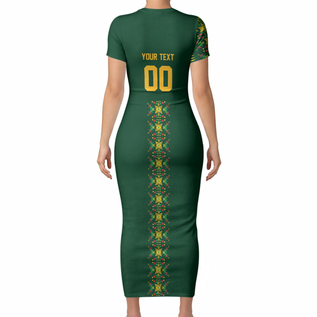 Custom Women’s Cricket Guyana Floral Series Short Sleeve Bodycon Dress Rainforest Floral Geometry Motif