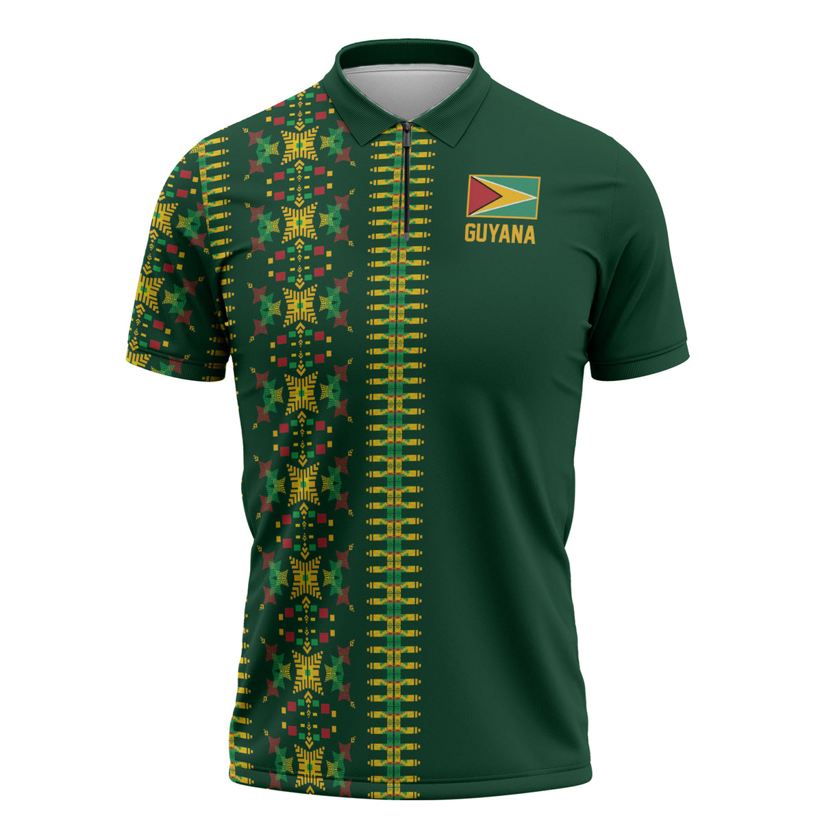 Custom Women’s Cricket Guyana Floral Series Zipper Polo Shirt Rainforest Floral Geometry Motif