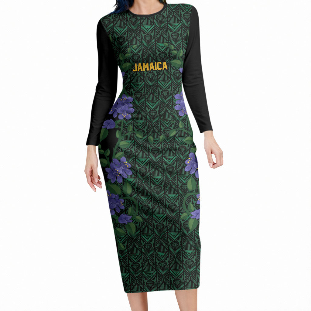 Custom Women’s Cricket Jamaica Floral Series Long Sleeve Bodycon Dress Lignum Vitae Hummingbirds Geometric Ethnic