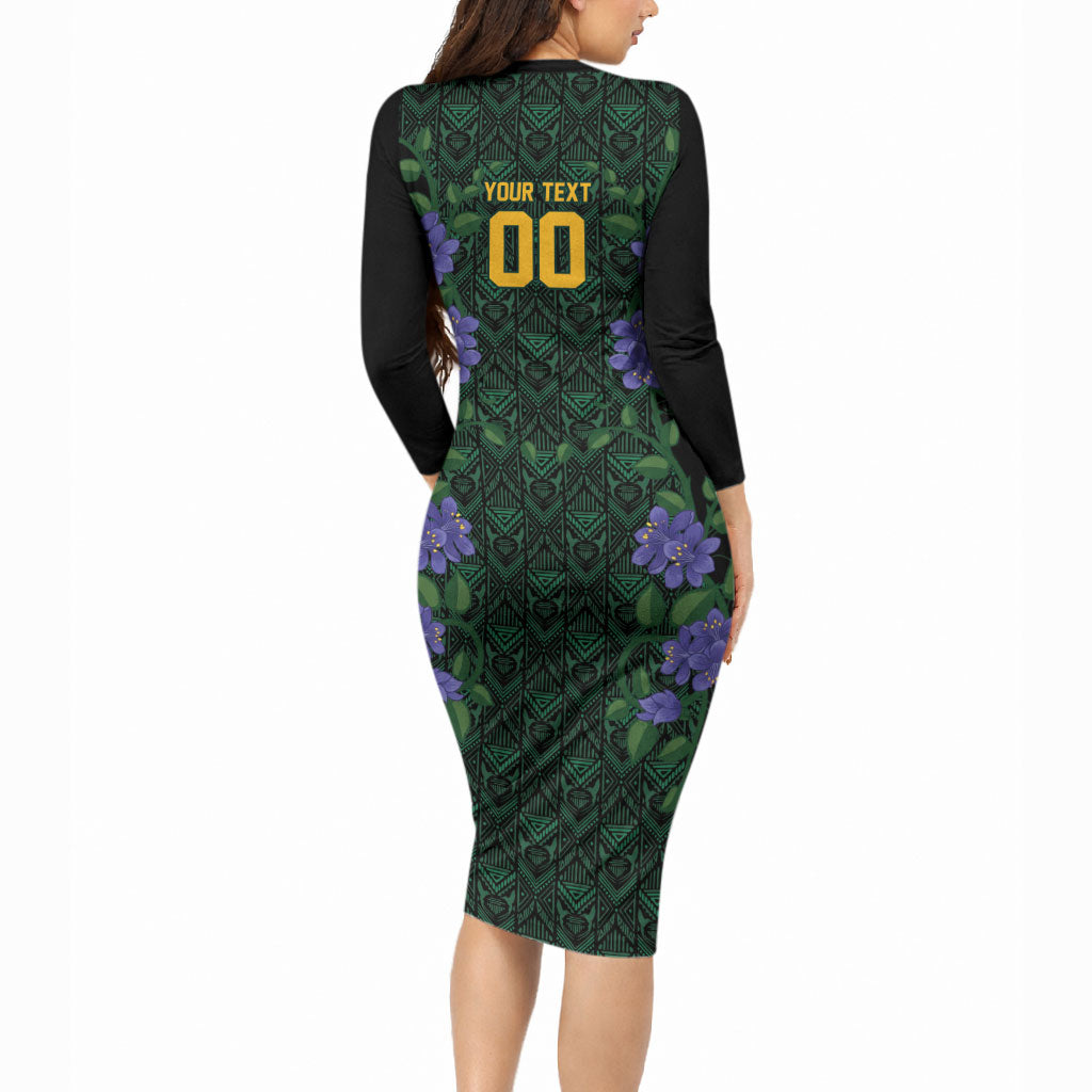 Custom Women’s Cricket Jamaica Floral Series Long Sleeve Bodycon Dress Lignum Vitae Hummingbirds Geometric Ethnic