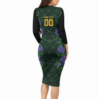 Custom Women’s Cricket Jamaica Floral Series Long Sleeve Bodycon Dress Lignum Vitae Hummingbirds Geometric Ethnic