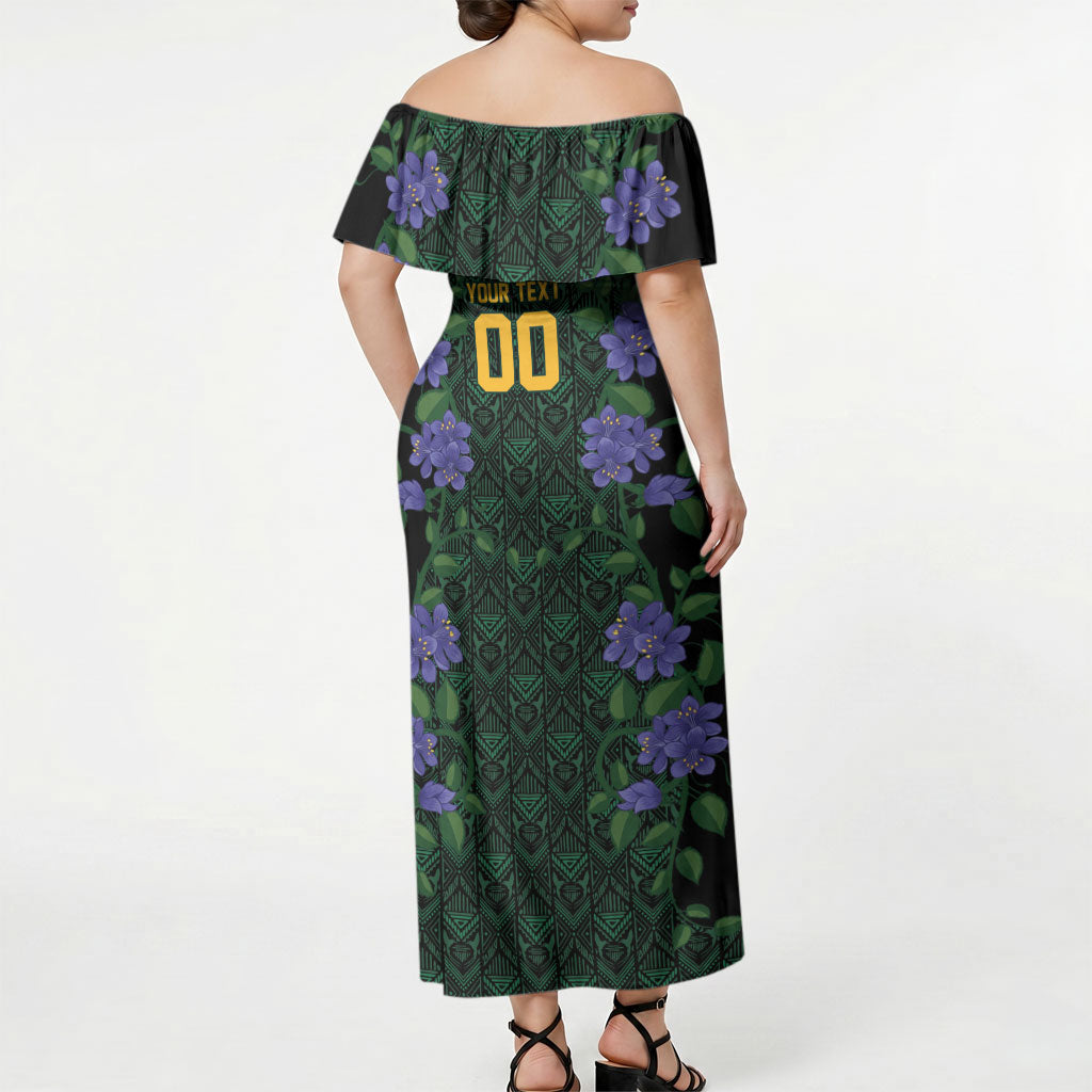 Custom Women’s Cricket Jamaica Floral Series Off Shoulder Maxi Dress Lignum Vitae Hummingbirds Geometric Ethnic