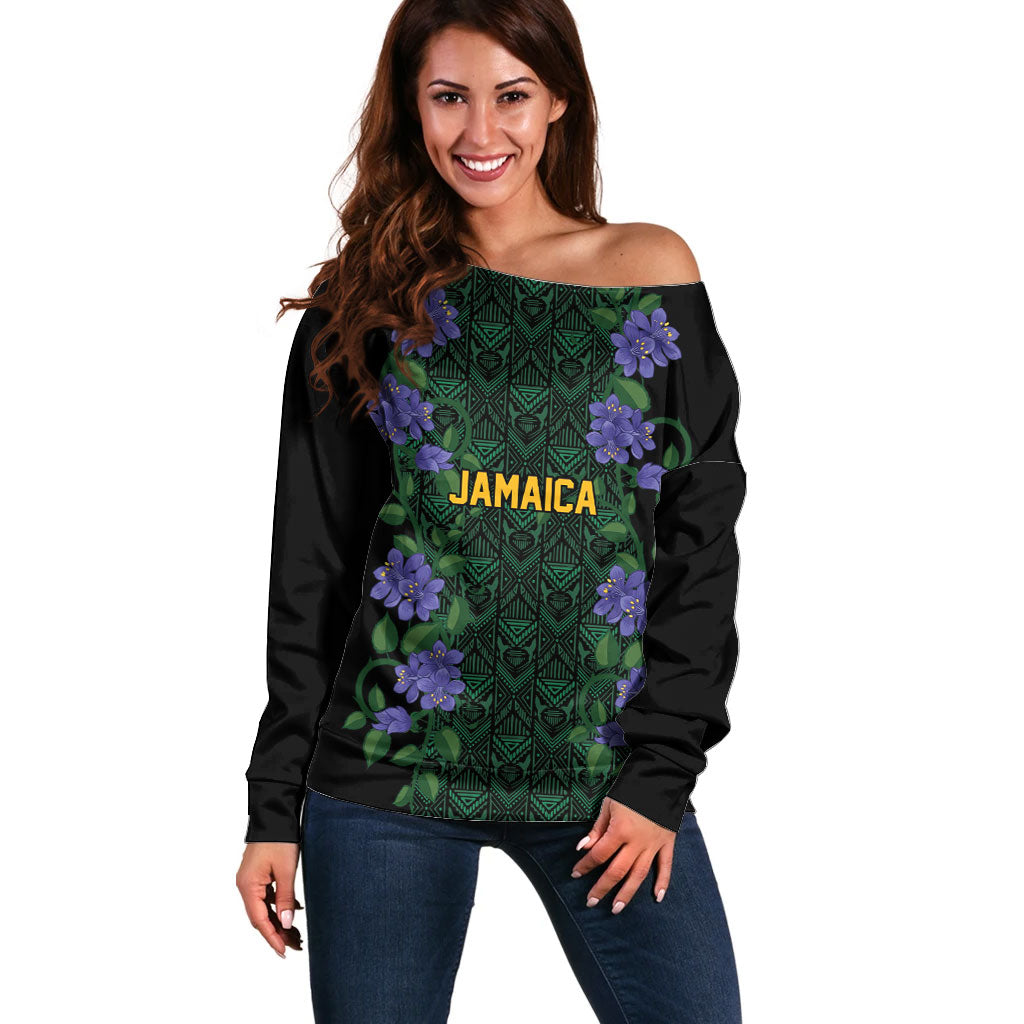 Custom Women’s Cricket Jamaica Floral Series Off Shoulder Sweater Lignum Vitae Hummingbirds Geometric Ethnic