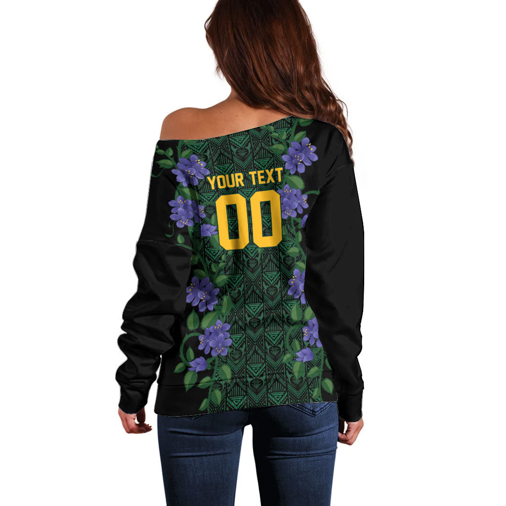 Custom Women’s Cricket Jamaica Floral Series Off Shoulder Sweater Lignum Vitae Hummingbirds Geometric Ethnic