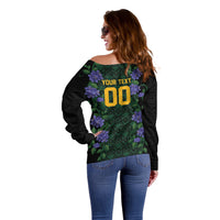 Custom Women’s Cricket Jamaica Floral Series Off Shoulder Sweater Lignum Vitae Hummingbirds Geometric Ethnic