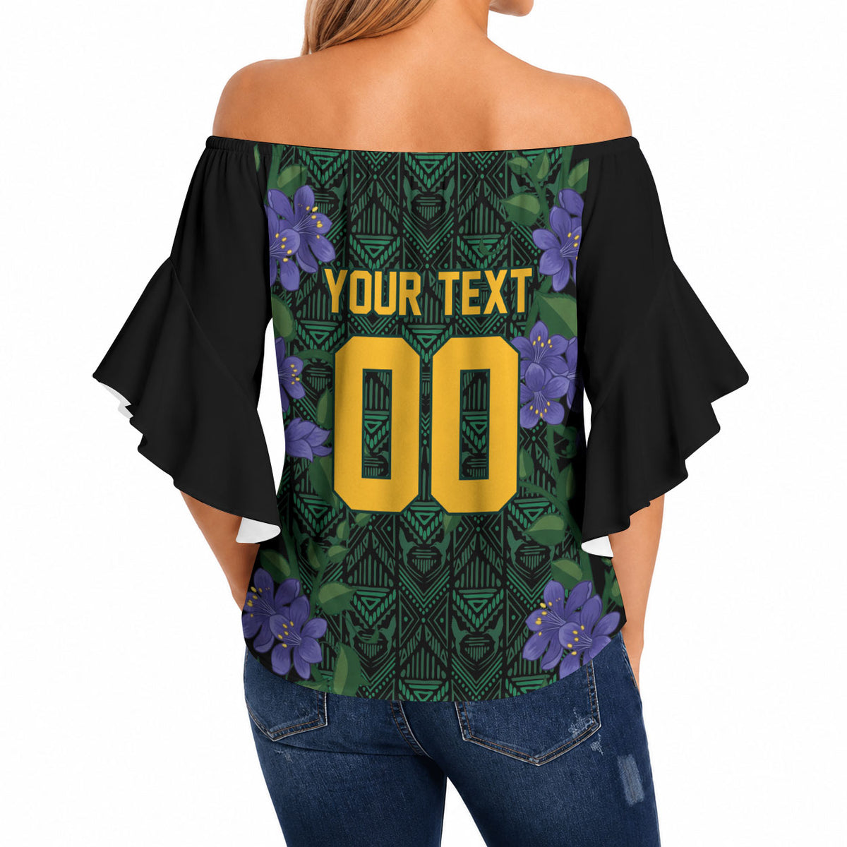 Custom Women’s Cricket Jamaica Floral Series Off Shoulder Wrap Waist Top Lignum Vitae Hummingbirds Geometric Ethnic