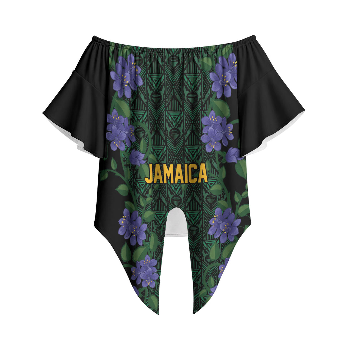 Custom Women’s Cricket Jamaica Floral Series Off Shoulder Wrap Waist Top Lignum Vitae Hummingbirds Geometric Ethnic