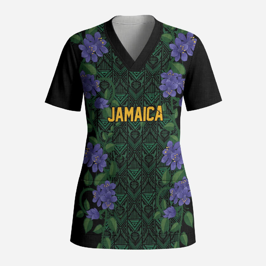 Custom Women’s Cricket Jamaica Floral Series Scrub Top Lignum Vitae Hummingbirds Geometric Ethnic