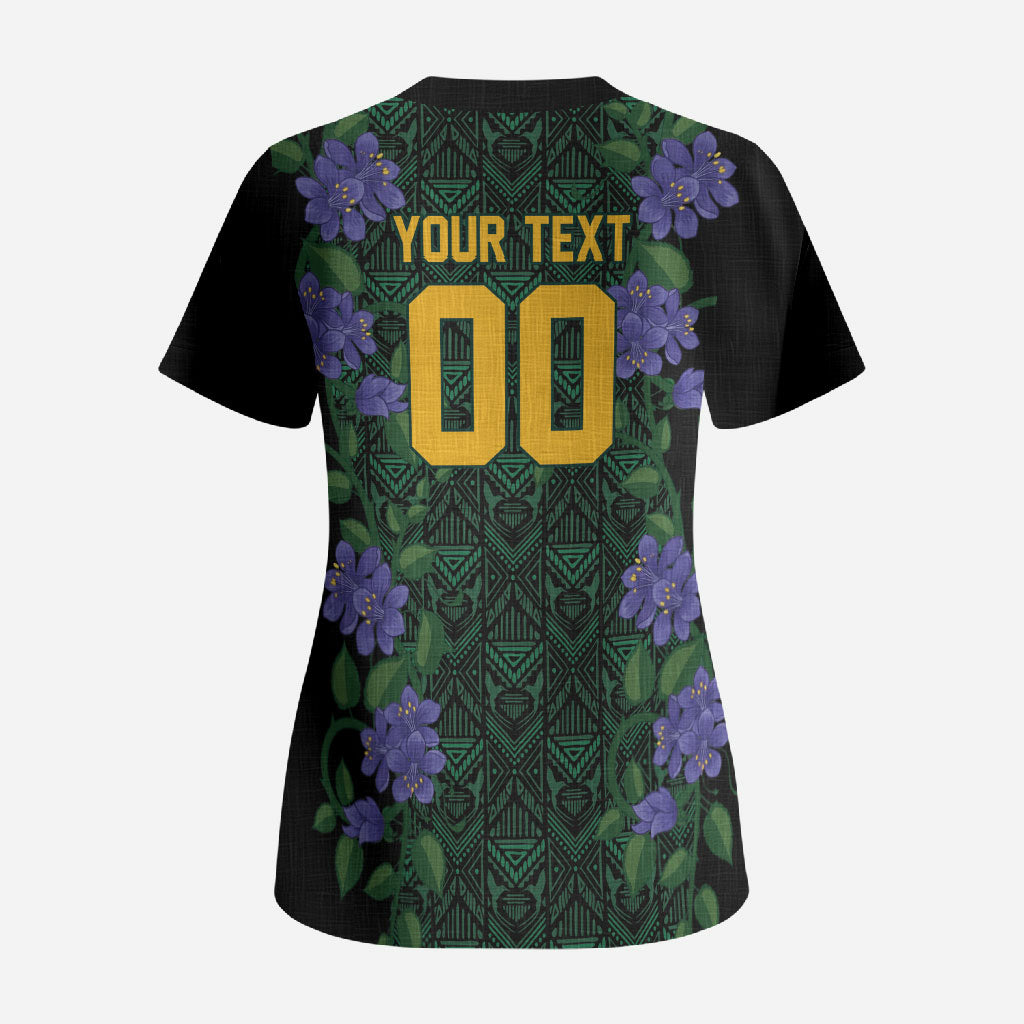 Custom Women’s Cricket Jamaica Floral Series Scrub Top Lignum Vitae Hummingbirds Geometric Ethnic