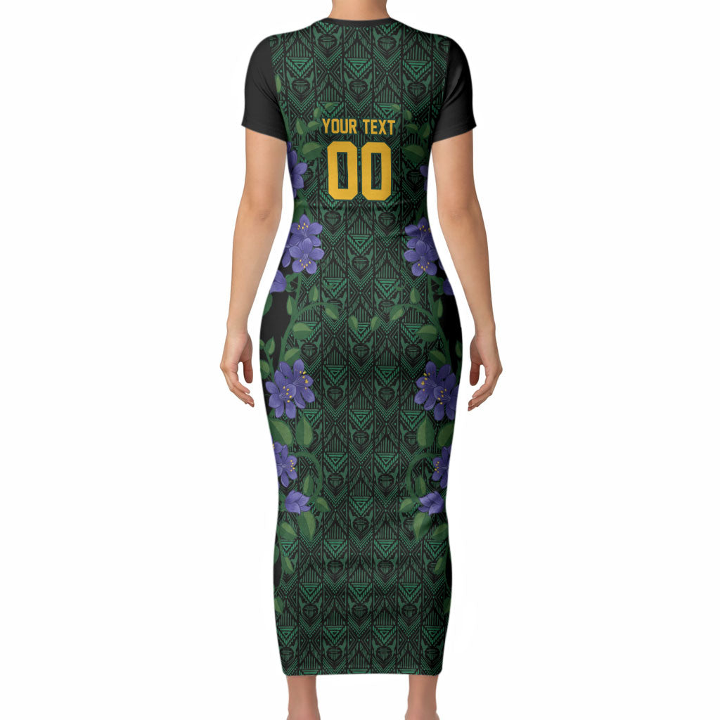 Custom Women’s Cricket Jamaica Floral Series Short Sleeve Bodycon Dress Lignum Vitae Hummingbirds Geometric Ethnic