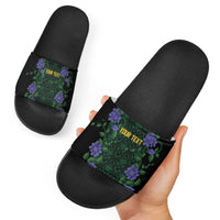Custom Women’s Cricket Jamaica Floral Series Slide Sandals Lignum Vitae Hummingbirds Geometric Ethnic